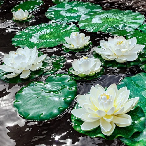 Miniatura 2 de 16 flores flotantes artificiales para piscina, 7 y 4 pulgadas, almohadillas de lirio de agua falsas, flores de loto, decoraciones flotantes
