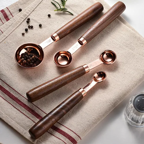 Miniatura 3 de JASHII Juego de 8 tazas y cucharas medidoras de oro rosa con mango de madera de acacia, herramientas de cocina de acero inoxidable para cocinar