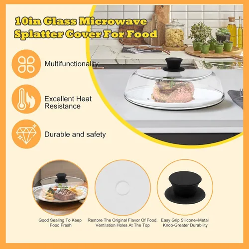 Miniatura 5 de Tapa de 10 Pulgadas de Vidrio para Microondas con Protección contra Salpicaduras para Alimentos con Alfombrilla de Silicona, Tapa de 10 Pulgadas