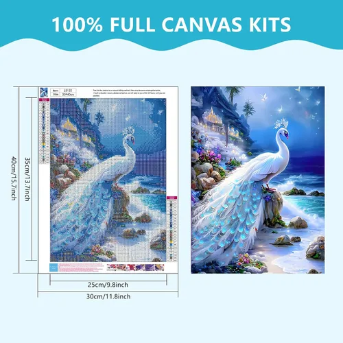 Miniatura 2 de SENQAO Kits de pintura de diamantes de pavo real para adultos, pintura de diamante de pavo real blanco, pintura de diamante 5D para playa, pavo