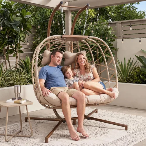 Miniatura 3 de RADIATA Silla colgante de huevo para 2 personas con soporte, silla de huevo doble para exteriores con canasta plegable, silla columpio de mimbre XL