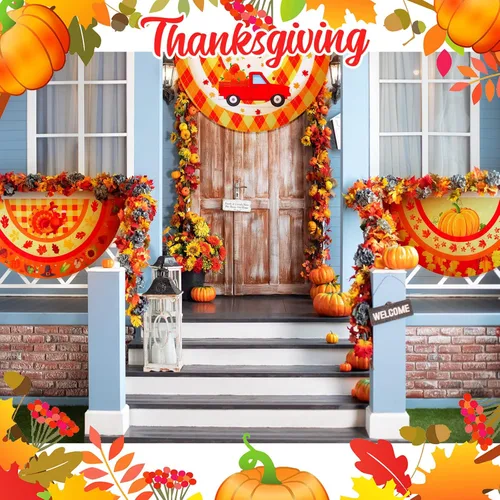 Miniatura 4 de 8 banderines plisados de Acción de Gracias para exteriores, diseño de calabaza, pavo, banderines de otoño con cabecera de lona y ojales de metal