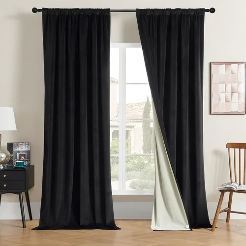 Miniatura 9 de Joydeco Cortinas de terciopelo negro de 63 pulgadas de largo, 2 paneles, cortinas opacas de lujo con bolsillo para barra, cortinas de ventana