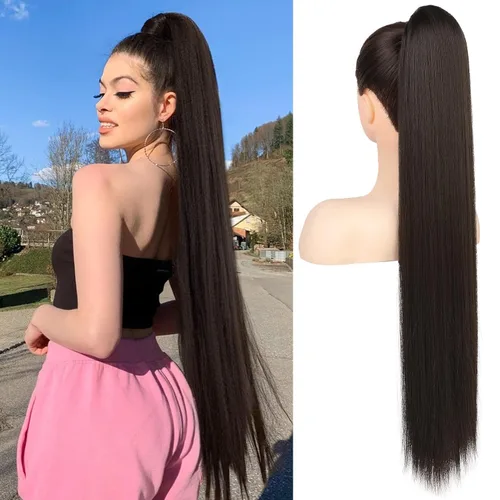 Miniatura 11 de Flufymooz - Extensión de cola de caballo de 26 pulgadas, extensiones de cabello con cordón y clip rectas, cola de caballo falsa natural suave