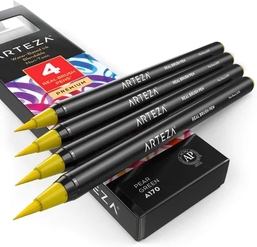 Miniatura 42 de Arteza Bolígrafos de pincel real, A174 gris delfín, paquete de 4, bolígrafos de acuarela con puntas de pincel de nailon, suministros de arte