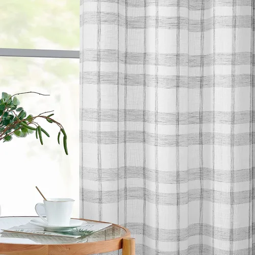 Miniatura 2 de SXZJTEX Cortinas a cuadros grises y blancos, cortinas rústicas de lino traslúcido a cuadros de 63 pulgadas de largo para sala de estar, dormitorio