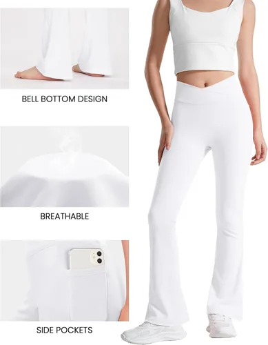 Miniatura 2 de BOOPH Leggings acampanados para niñas con bolsillos, cintura cruzada, cintura alta, pantalones de yoga acampanados, pantalones deportivos