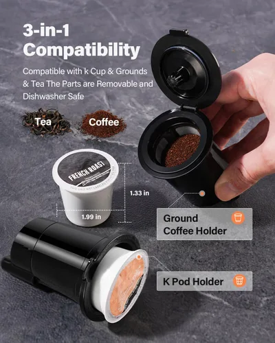 Miniatura 5 de Cafetera para café caliente y helado con configuración fuerte, cafetera de una sola porción para cápsulas K-Cup y café molido, tanque de agua Negro