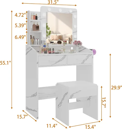 Miniatura 4 de Patikuin Escritorio de tocador con espejo y luces para dormitorio, mesa de maquillaje moderna de mármol blanco con 2 cajones, 3 modos de luz y LED