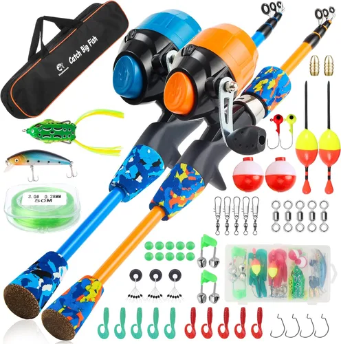 Juego de caña de pescar para niños, caña de pescar telescópica portátil y carrete combo completo para niños, niñas, principiantes, jóvenes Azul