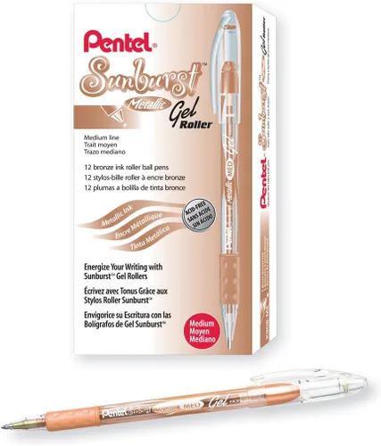 Miniatura 7 de Pentel Sunburst - Bolígrafo de gel metálico, punta media, barril dorado/transparente, tinta dorada, caja de 12 unidades (K908-X)