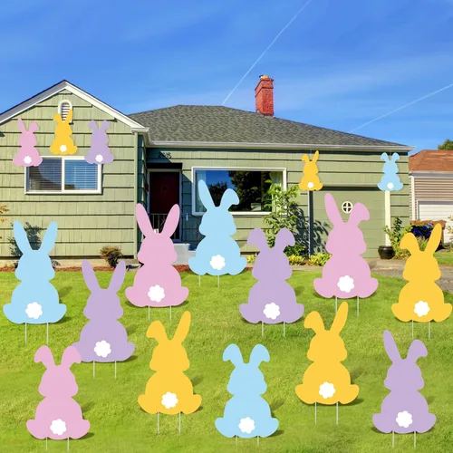 Beeveer 12 letreros de Pascua con estacas para patio al aire libre, conejo, césped, coloridos conejos, decoración de estacas de jardín para