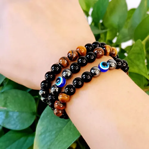 Miniatura 79 de Pulseras de triple protección con piedra de ojo de tigre de obsidiana negra con hematita para hombres y mujeres, pulsera de piedra curativa