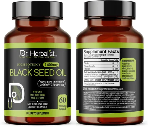 Miniatura 5 de Dr. HERBALIST Cápsulas de aceite de semilla negra de 1600 mg - Aceite de semilla de comino negro prensado en frío, Nigella Sativa - 60 cápsulas