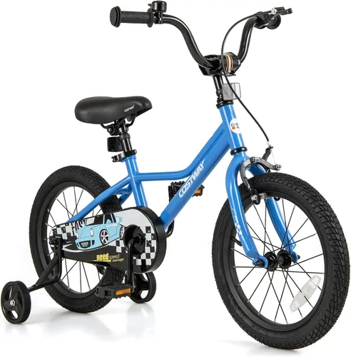 COSTWAY Bicicleta para niños de 12/14/16/18 pulgadas, bicicleta de entrenamiento para niños y niñas con ruedas de entrenamiento extraíbles, Azul