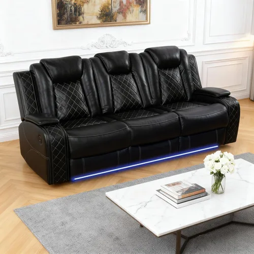 Miniatura 16 de Juegos de muebles de sala de estar, sofá modular reclinable eléctrico con luces LED, juego de sofá de cuero, sofá reclinable para sala de estar