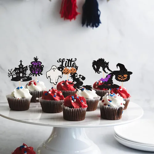 Miniatura 7 de Rsstarxi Paquete de 24 adornos para cupcakes Little Boo con purpurina, bruja, gato, calabaza, castillo, fantasma, magdalenas, alimentos, decoración