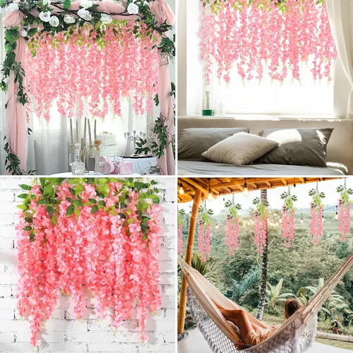 Miniatura 6 de BLEUM CADE 36 Piezas Flores Colgantes de Glicina Falsa Rosa Profundo, 3.6 Pies/Pieza Guirnalda de Glicina Artificial, Flores Colgantes para Boda