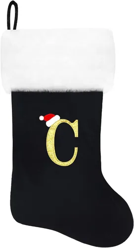 Miniatura 214 de Calcetines de Navidad bordados de 20 pulgadas con monograma, terciopelo negro con puño de felpa blanca supersuave, adornos clásicos para decoración