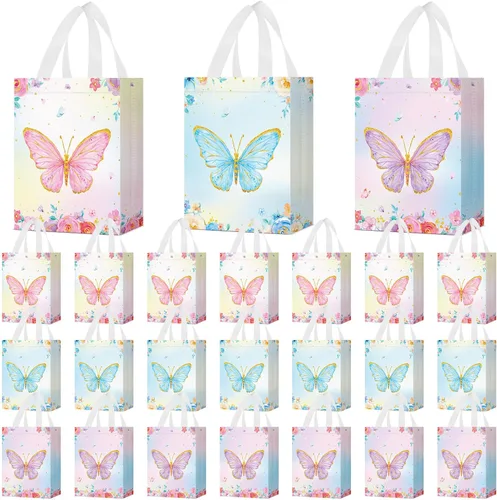 Locmeo 24 bolsas de favor de fiesta de mariposa con asas, reutilizables, no tejidas, bolsas de dulces de mariposa rosa, azul y morado, bolsa de