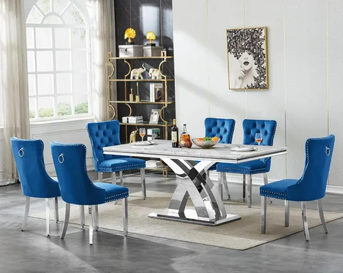 Miniatura 50 de Henf Juego de mesa de comedor de mármol sintético de 68 pulgadas para 6, juego de mesa de comedor de 7 piezas con 6 sillas copetudas de terciopelo