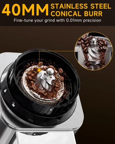 Miniatura 5 de IAGREEA Molinillo de café con rebabas cónicas, 48 ajustes de molienda, antiestático de baja velocidad de 450 RPM, temporizador de precisión, soporte