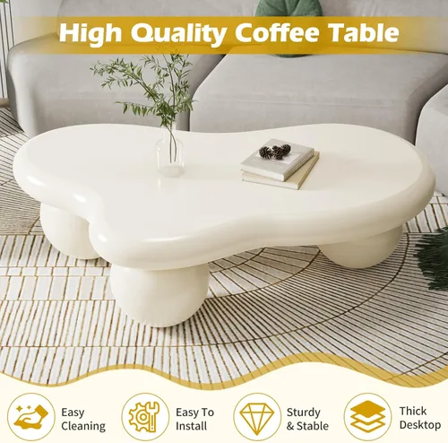 Miniatura 3 de Mesa de centro en forma de nube de 40 pulgadas, modernas mesas de centro ovaladas irregulares con 3 bases, mesa central color crema para dormitorio