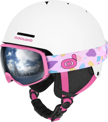 Odoland Casco de esquí para niños, casco de nieve con gafas de esquí para niños y niñas, a prueba de golpes, resistente al viento, cascos deportivos