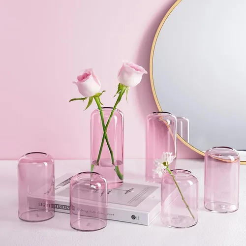 Miniatura 2 de ZENS Juego de 6 jarrones de cristal transparente rosa para flores. Moderno jarrón cilíndrico de vidrio soplado a mano para centros de mesa