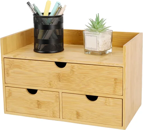 Miniatura 9 de Organizador de escritorio de bambú con cajones, cajones de mostrador, 2 cajones, caja de almacenamiento de esquina para escritorio, organizador