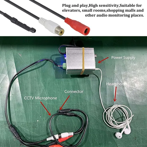 Miniatura 8 de Micrófono CCTV Dispositivo de recogida de cable de audio Micrófono para exteriores CCTV RCA Micrófono de vigilancia DVR Preamplificador de alta