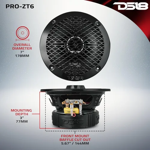 Miniatura 5 de DS18 PRO-ZT6 - Altavoces de rango medio de audio profesional de 6.5 pulgadas de 2 vías con tweeter de bala integrado, 4 ohmios, 450 W, máximo 225 W