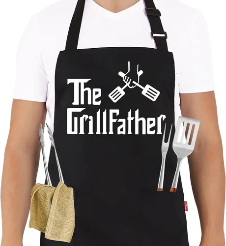 Delantales de Parrilla para Hombres Papá - El Delantal del Padre de la Parrilla - Divertido Delantal de Chef para Cocinar a la Parrilla BBQ con 2