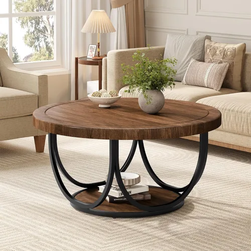 Miniatura 4 de Tribesigns Mesa auxiliar redonda con 2 niveles, mesa de cóctel circular de madera de 31.5 pulgadas con estante de almacenamiento y marco de metal