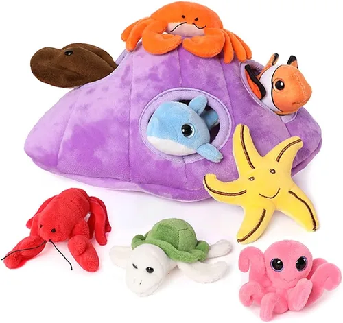 Muiteiur Juego de animales marinos suaves de felpa con casa de conchas marinas de felpa, incluye tortuga de peluche, langosta, cangrejo, delfín, pez