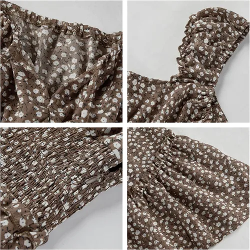 Miniatura 4 de YOBECHO Mini vestido de verano para mujer con cuello corazón impreso con volantes