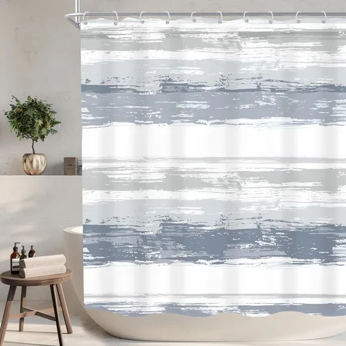 Miniatura 15 de KOMLLEX Cortina de ducha abstracta azul para decoración de baño, 72 pulgadas de ancho x 72 pulgadas de alto, moderna, a rayas blancas y grises