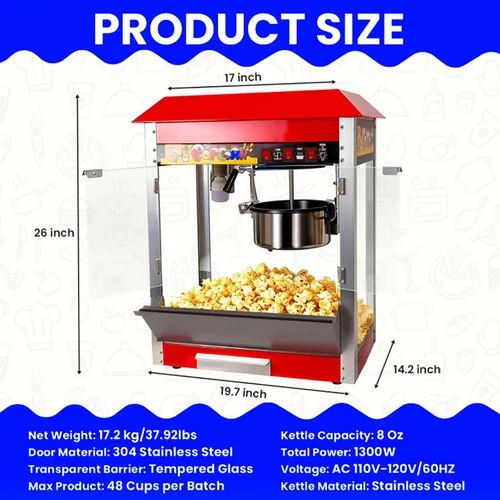 Miniatura 7 de Máquina para hacer palomitas de maíz para encimera de 1300 W, hace hasta 10 porciones, popper comercial con control de 3 interruptores y puertas
