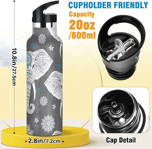 Miniatura 2 de Kids Water Bottle with Straw 20 Oz, Water Bottle Stainless Steel for Travel or School, BPA-Free, Elephant Mandala Paisley White