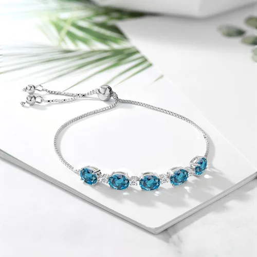 Miniatura 4 de Gem Stone King Pulsera de tenis de plata de ley 925 con topacio azul Londres y topacio blanco para mujer
