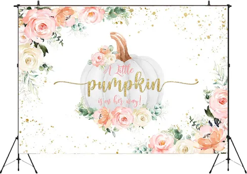 Miniatura 2 de Telones de fondo de calabaza para baby shower, decoración de fondo rosa floral de otoño para niñas recién nacidas (7 x 5 pies)