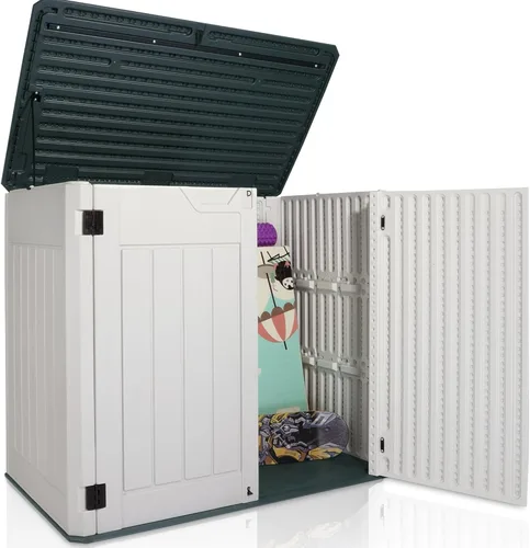 Miniatura 10 de Cobertizo de almacenamiento para exteriores de 35 pies cúbicos, caja de almacenamiento grande de resina, gabinete impermeable y con cerradura