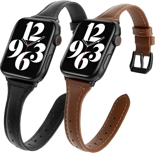 2 paquetes de correas delgadas de cuero genuino compatibles con Apple Watch de 38mm 40mm 41mm 42mm 44mm 45mm 49mm, correas delgadas de cuero de capa