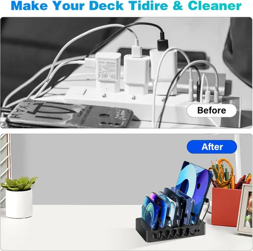 Miniatura 4 de Estación de carga para múltiples dispositivos 68W 6 puertos cargador de teléfono Dock con 6 cables, estación de carga rápida negra de 20 W