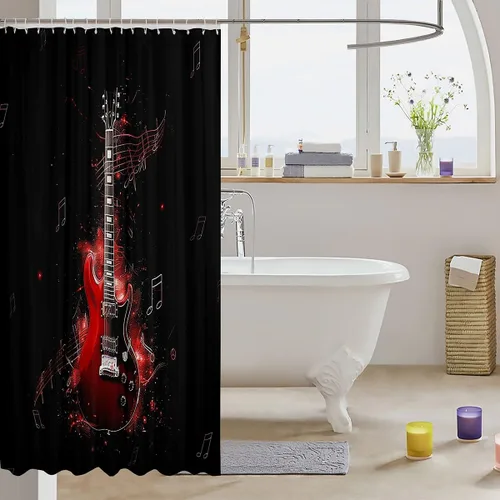 Miniatura 3 de Cortina de ducha de guitarra roja, cortina de baño de música Hip Pop, decoración de baño para niños y niñas, cortina de baño de guitarra de moda