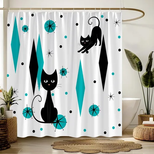 Miniatura 11 de GCTNBJL Mid Century Shower Curtain Black Cat Atomic Stars Modern Abstract Blue Black Geometric Iconic Retro 1950s 1960s Vintage 36x70(WxH) Inches