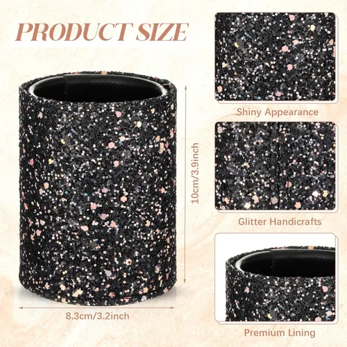 Miniatura 2 de Sabary 8 bolígrafos negros con soporte para bolígrafo para escritorio, con purpurina, diamantes de cristal, bonito soporte para lápices, organizador