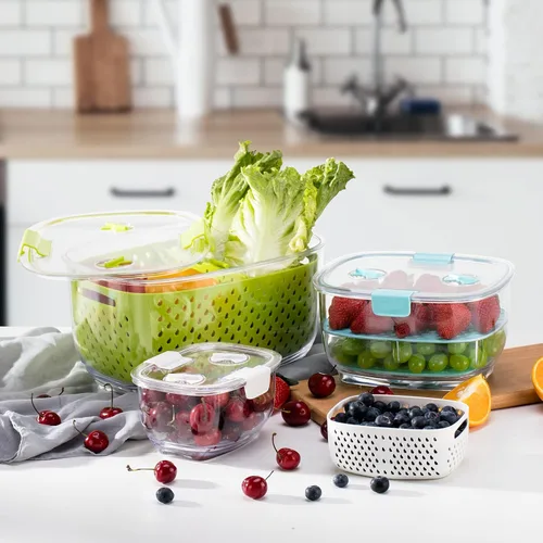 Miniatura 8 de LUXEAR Juego de 3 unidades de contenedores de almacenamiento de frutas y vegetales frescos, contenedor de almacenamiento de refrigerador sin BPA