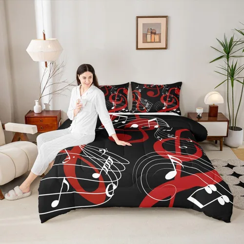 Miniatura 12 de Juego de ropa de cama con música de piano, tamaño matrimonial, juego de edredón de notas musicales en blanco y negro, 3 piezas, silueta de Multi 10