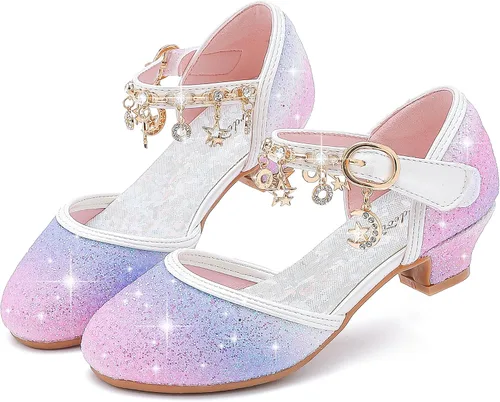 Furdeour Sandalias para niñas con lazo brillante, zapatos de vestir de princesa con tacones altos de cristal, para fiestas, bodas, flores, zapatos